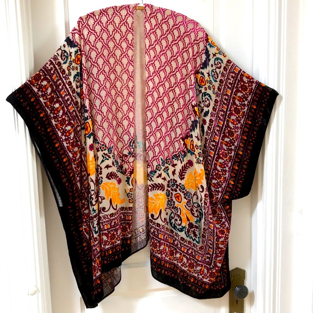 Free People One Size BOHO Kimono Duster Poncho velvet burn out purple yellow red